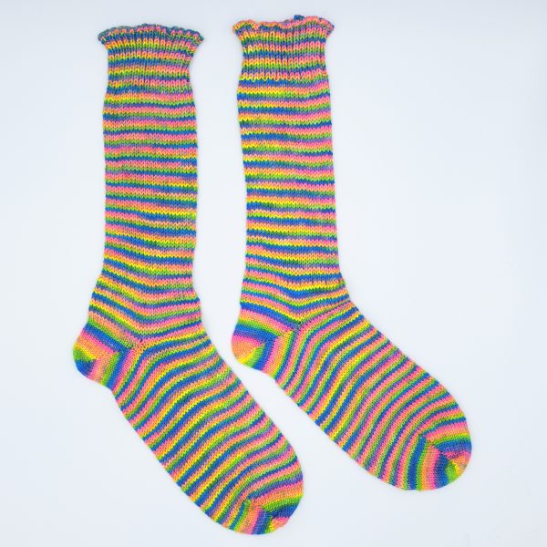 hand crafted ribbed socks hand painted in neon rainbow stripes